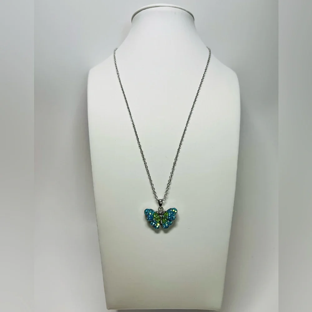Blue and Green Crystal Butterfly Necklace
